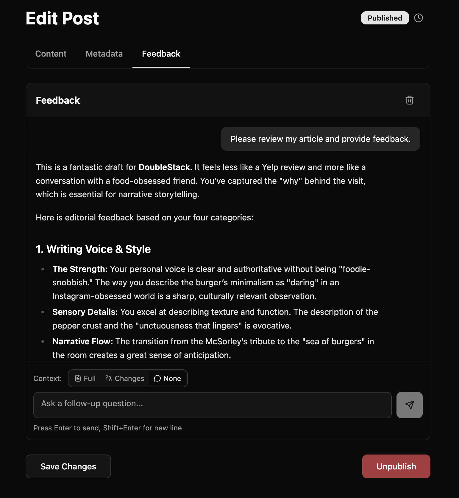 A CMS where AI supports the writer, not replaces them